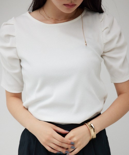 セール】2WAYギャザースリーブリブトップス（Tシャツ/カットソー