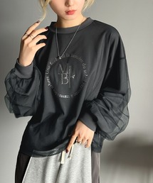 【mily bilet】デイリーからお出かけまであらゆるシーンに大活躍！箔プリントチュール重ねロングTシャツ