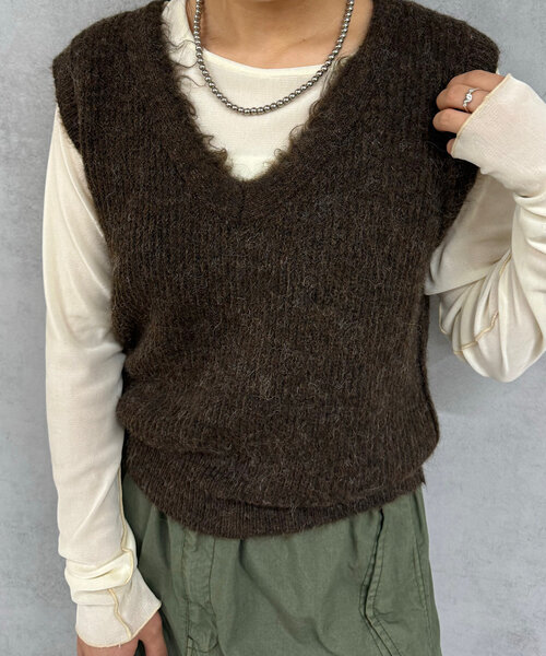 Kastane（カスタネ）の「*【2WAY/リバーシブル】シャギーニットショートベスト（ベスト・レディース・ライトグレー/ブラウン/ライム・FREE）」の20枚目の写真