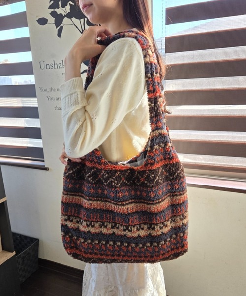 セール】ボア チェック柄プリント A4対応 大容量 ショルダーバッグ