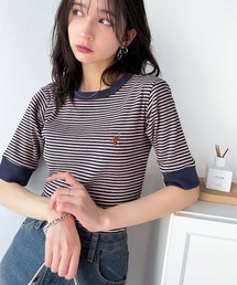 大人可愛いの新定番。袖リンガーボートネック胸刺繍ボーダーTシャツ(半袖)