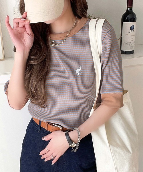 classicalelf(クラシカルエルフ)の「大人可愛いの新定番。袖リンガーボートネック胸刺繍ボーダーTシャツ(半袖)(Tシャツ/カットソー・レディース・ネイビー系/グレイッシュベージュ/ブラック×ベージュ/ベージュ系その他/グリーン系その他・X-LARGE/MEDIUM/LARGE/SMALL)」の17枚目の写真