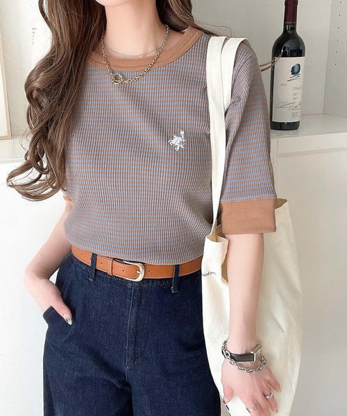 classicalelf(クラシカルエルフ)の「大人可愛いの新定番。袖リンガーボートネック胸刺繍ボーダーTシャツ(半袖)(Tシャツ/カットソー・レディース・ネイビー系/グレイッシュベージュ/ブラック×ベージュ/ベージュ系その他/グリーン系その他・X-LARGE/MEDIUM/LARGE/SMALL)」の18枚目の写真