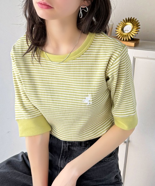 classicalelf(クラシカルエルフ)の「大人可愛いの新定番。袖リンガーボートネック胸刺繍ボーダーTシャツ(半袖)(Tシャツ/カットソー・レディース・ネイビー系/グレイッシュベージュ/ブラック×ベージュ/ベージュ系その他/グリーン系その他・X-LARGE/MEDIUM/LARGE/SMALL)」の7枚目の写真