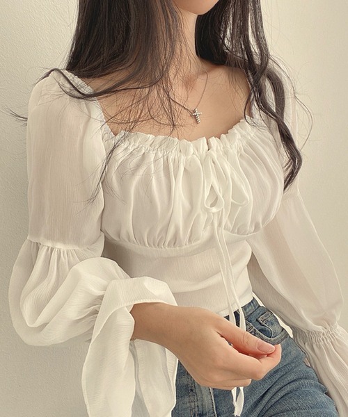 Nia(ニア)の「Nia(ニア)/シースルーボリュームフリルブラウス(シャツ/ブラウス・レディース・ホワイト/ピンク・SMALL/LARGE/MEDIUM)」の5枚目の写真