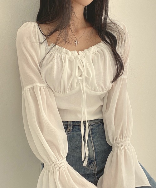 Nia(ニア)の「Nia(ニア)/シースルーボリュームフリルブラウス(シャツ/ブラウス・レディース・ホワイト/ピンク・SMALL/LARGE/MEDIUM)」の7枚目の写真