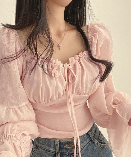Nia(ニア)の「Nia(ニア)/シースルーボリュームフリルブラウス(シャツ/ブラウス・レディース・ホワイト/ピンク・SMALL/LARGE/MEDIUM)」の8枚目の写真