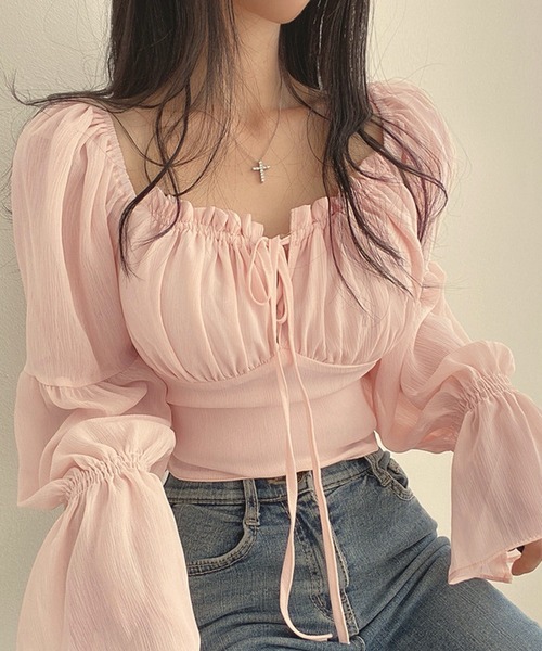 Nia(ニア)の「Nia(ニア)/シースルーボリュームフリルブラウス(シャツ/ブラウス・レディース・ホワイト/ピンク・SMALL/LARGE/MEDIUM)」の9枚目の写真