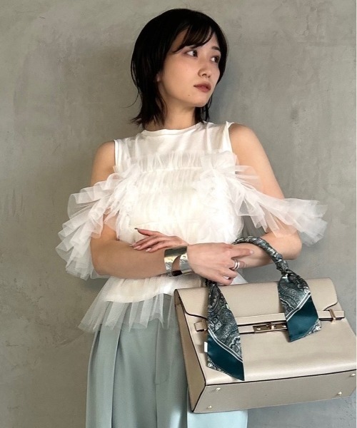 セール】チュールコンビ2wayトップス（Tシャツ/カットソー