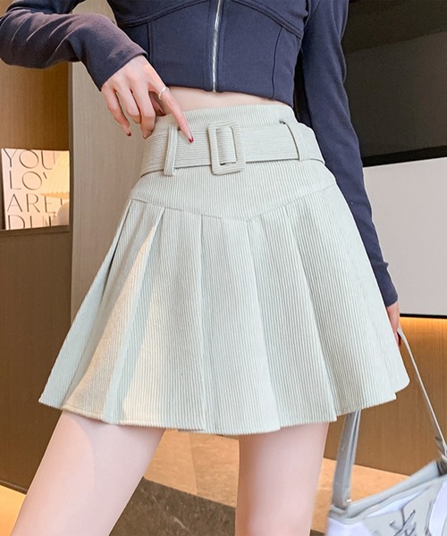 セール】ハイウエスト ベルト付き プリーツ ミニ スカート