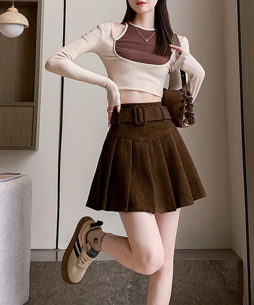 セール】ハイウエスト ベルト付き プリーツ ミニ スカート（スカート