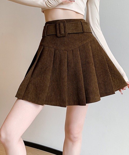 セール】ハイウエスト ベルト付き プリーツ ミニ スカート（スカート