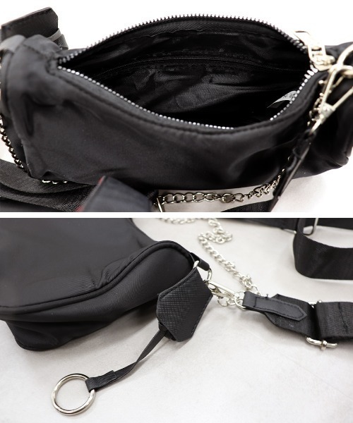 ISOOK（アイスー）の「ミニケース付きチェーンショルダーバッグ(kiharu select)/ポーチ付き ナイロンライク 斜め掛け メッセンジャーバッグ ボディバッグ ハンドバッグ 黒 ブラック（ショルダーバッグ・レディース・ブラック・FREE）」の9枚目の写真