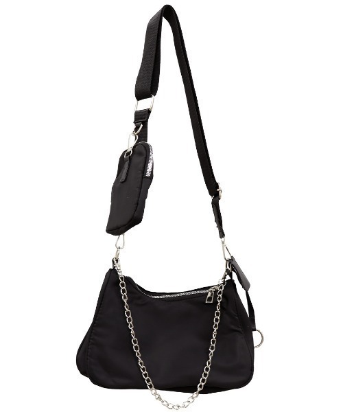 ISOOK（アイスー）の「ミニケース付きチェーンショルダーバッグ(kiharu select)/ポーチ付き ナイロンライク 斜め掛け メッセンジャーバッグ ボディバッグ ハンドバッグ 黒 ブラック（ショルダーバッグ・レディース・ブラック・FREE）」の11枚目の写真