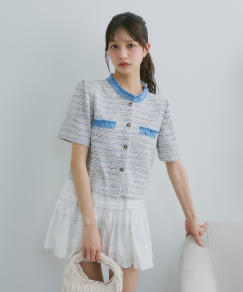 PLUS OTO.HA フリンジツイードジャケット/ ブルー PLUS OTO.HA フリンジツイードジャケット/ ブルー PLUS OTO.HA