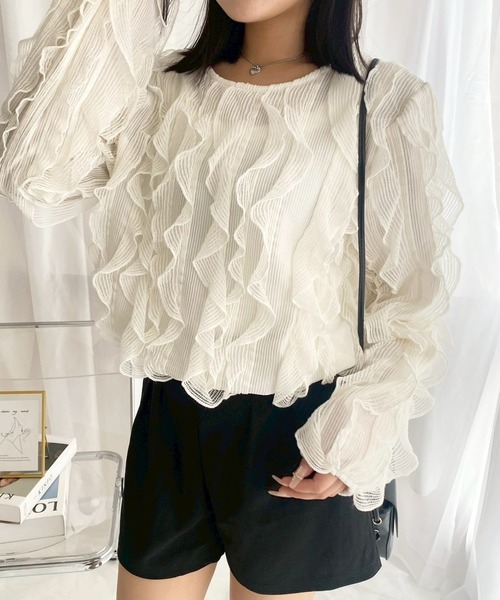 merrylatte(メリーラテ)の「ウェーブシアーカットトップス(シャツ/ブラウス・レディース・ホワイト・FREE)」の1枚目の写真