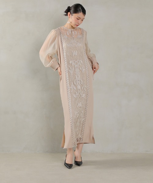 Kana（カナ）の「バロック風レースデザイン シアー スリーブ ワンピース パーティー ドレス 結婚式 お呼ばれ オケージョン（ドレス・レディース・ブラック/ベージュ/ネイビー・M）」の21枚目の写真