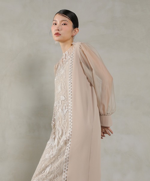 Kana（カナ）の「バロック風レースデザイン シアー スリーブ ワンピース パーティー ドレス 結婚式 お呼ばれ オケージョン（ドレス・レディース・ブラック/ベージュ/ネイビー・M）」の17枚目の写真