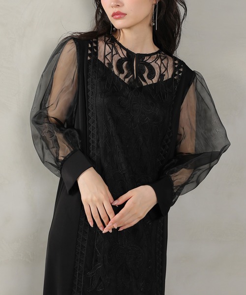kana カナ　パーティードレス　オケージョン　ワンピース　結婚式　ブラック　黒 バロック風レースデザイン シアー スリーブ ワンピース