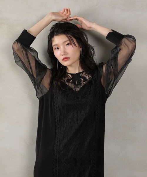 セール】バロック風レースデザイン シアー スリーブ ワンピース