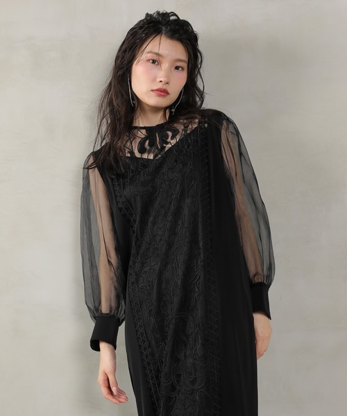 セール】バロック風レースデザイン シアー スリーブ ワンピース