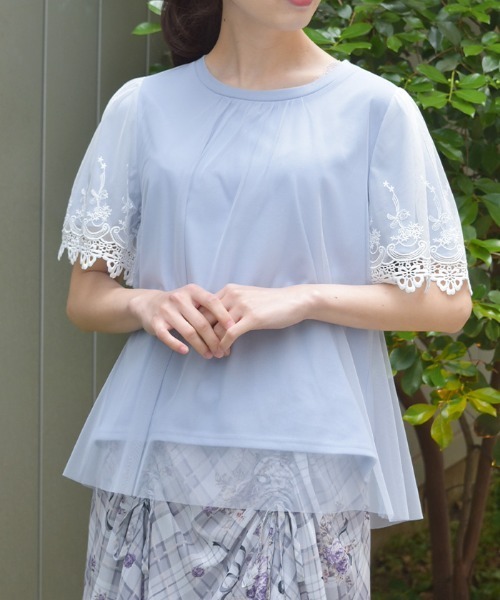 axes femme ホワイト 白 水色 フリル 可愛い ブルー系 M ゆるだぼ レース重ね袖チュールプルオーバー（Tシャツ/カットソー）｜axes