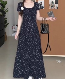 ヘンリーネック 小花柄 ロングワンピース