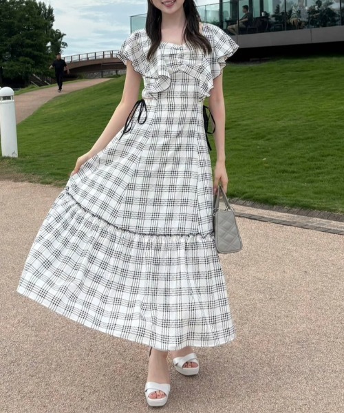 フリルウエストオープンワンピース 夏服（ワンピース）｜rienda