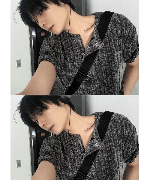 COSYHARU（コシハル）の「ベロアリブヘンリーネック半袖Tシャツ（Tシャツ/カットソー・メンズ・グレー/アイボリー/ブラック・FREE）」の5枚目の写真