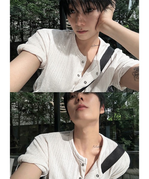 COSYHARU（コシハル）の「ベロアリブヘンリーネック半袖Tシャツ（Tシャツ/カットソー・メンズ・グレー/アイボリー/ブラック・FREE）」の19枚目の写真