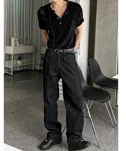 COSYHARU（コシハル）の「ベロアリブヘンリーネック半袖Tシャツ（Tシャツ/カットソー・メンズ・グレー/アイボリー/ブラック・FREE）」の14枚目の写真