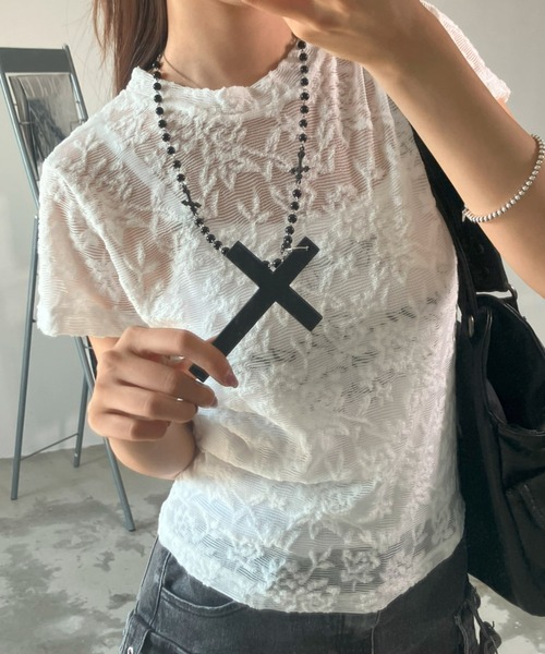 .KOM(ドットコム)の「A'GEM/9 × .kom 『.KOM/ドットケーオーエム』 シアーフラワーレースTシャツ(Tシャツ/カットソー・レディース・ブラック/アイボリー・FREE)」の7枚目の写真