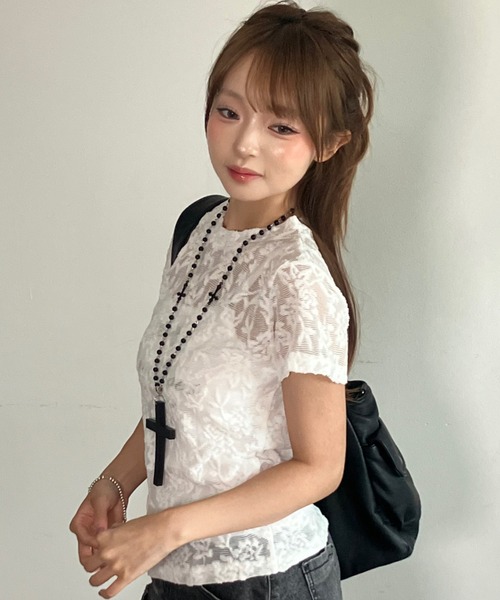 .KOM(ドットコム)の「A'GEM/9 × .kom 『.KOM/ドットケーオーエム』 シアーフラワーレースTシャツ(Tシャツ/カットソー・レディース・ブラック/アイボリー・FREE)」の9枚目の写真