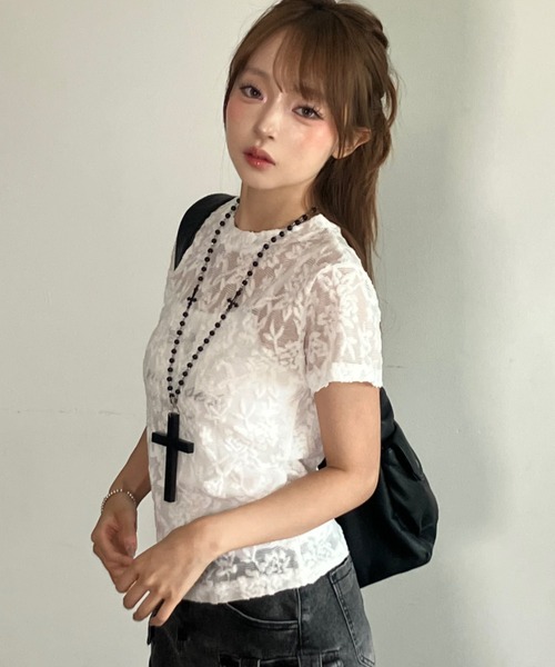 .KOM(ドットコム)の「A'GEM/9 × .kom 『.KOM/ドットケーオーエム』 シアーフラワーレースTシャツ(Tシャツ/カットソー・レディース・ブラック/アイボリー・FREE)」の10枚目の写真