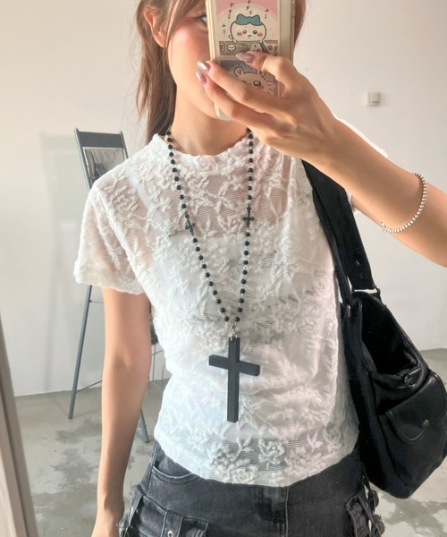 .KOM(ドットコム)の「A'GEM/9 × .kom 『.KOM/ドットケーオーエム』 シアーフラワーレースTシャツ(Tシャツ/カットソー・レディース・ブラック/アイボリー・FREE)」の12枚目の写真