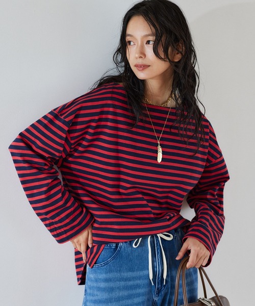 BARNYARDSTORM（バンヤードストーム）の「BARNYARDSTORM / ルーズシルエットボーダープルオーバー / マシンウォッシャブル（Tシャツ/カットソー・レディース・ベージュ/レッド・FREE）」の2枚目の写真