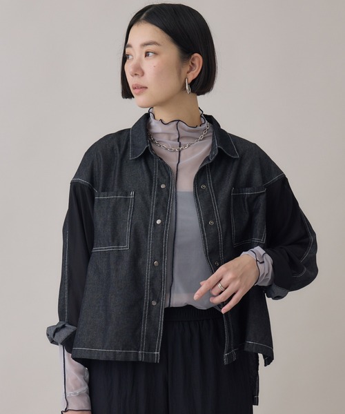 Paradise Picnic（パラダイスピクニック）の「デニム×シアー切替ビッグシャツ（シャツ/ブラウス・レディース・ブラック/ネイビー・FREE）」の2枚目の写真