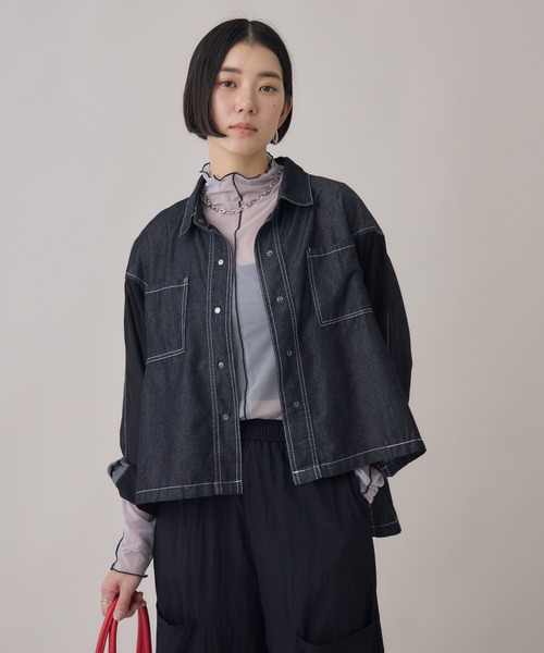 Paradise Picnic（パラダイスピクニック）の「デニム×シアー切替ビッグシャツ（シャツ/ブラウス・レディース・ブラック/ネイビー・FREE）」の11枚目の写真