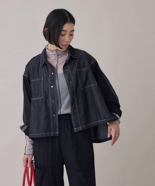 Paradise Picnic（パラダイスピクニック）の「デニム×シアー切替ビッグシャツ（シャツ/ブラウス・レディース・ブラック/ネイビー・FREE）」の12枚目の写真