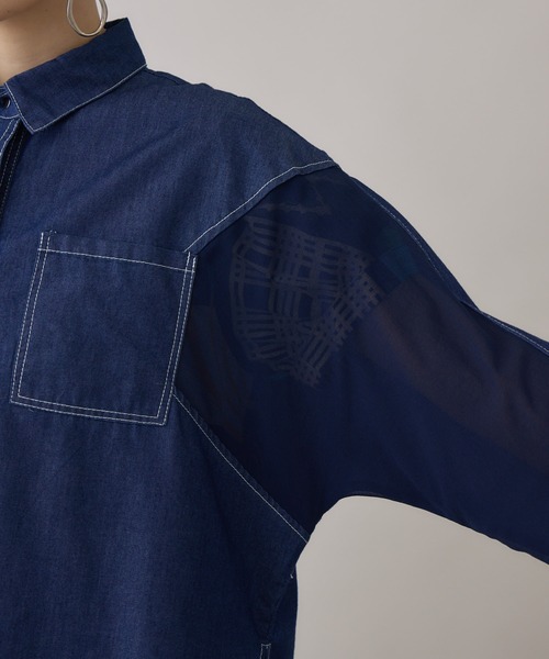 Paradise Picnic（パラダイスピクニック）の「デニム×シアー切替ビッグシャツ（シャツ/ブラウス・レディース・ブラック/ネイビー・FREE）」の4枚目の写真