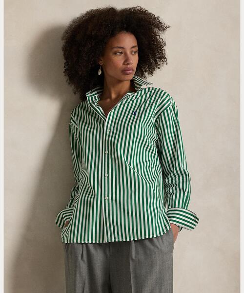 美品✨アルベロベロ ブタさん シアー ブラウス シャッツ 中世 カーキ ボタン セール】ストライプド コットン シャツ（シャツ/ブラウス）｜POLO