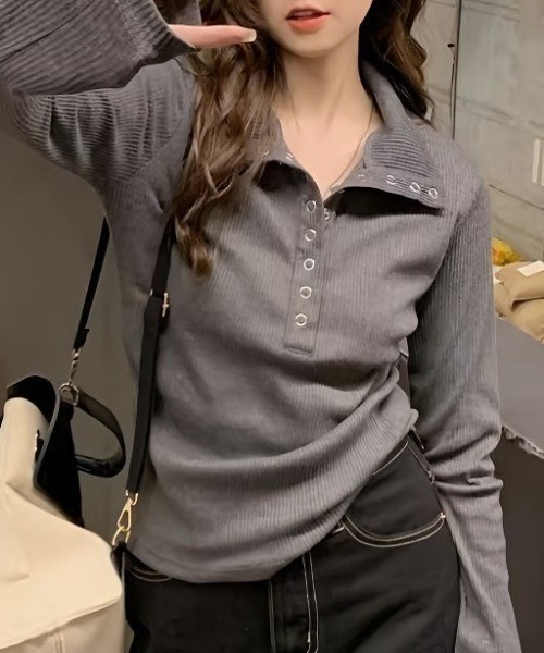 LADY LIKE(レディライク)の「ドットボタンミニリブカットトップス(Tシャツ/カットソー・レディース・ダークグレー/アイボリー・M)」の16枚目の写真