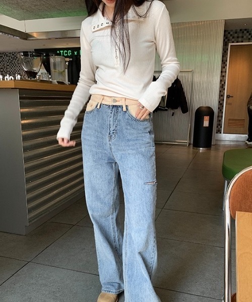 LADY LIKE(レディライク)の「ドットボタンミニリブカットトップス(Tシャツ/カットソー・レディース・ダークグレー/アイボリー・M)」の5枚目の写真
