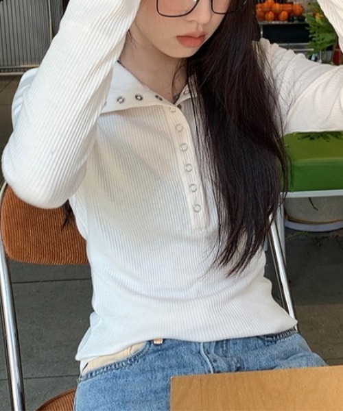 LADY LIKE(レディライク)の「ドットボタンミニリブカットトップス(Tシャツ/カットソー・レディース・ダークグレー/アイボリー・M)」の8枚目の写真