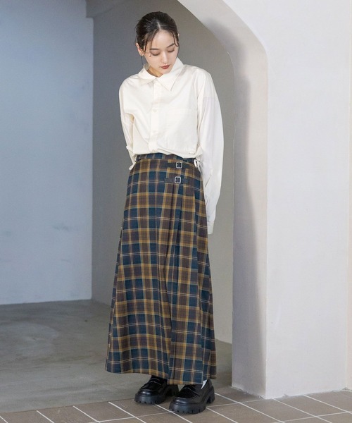 RAGEBLUE（レイジブルー）の「選べる着丈/Wベルトキルトチェックプリーツスカート（スカート・レディース・ブラウン/ブルー/グリーン/オリーブ・MEDIUM/LARGE）」の5枚目の写真