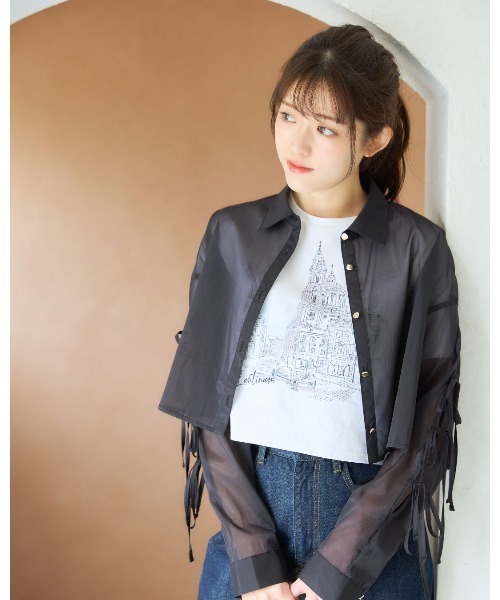 スリーブリボンシアーブラウス 手洗い可能〉シアー タンブラー リボン デザイン ロング スリーブ