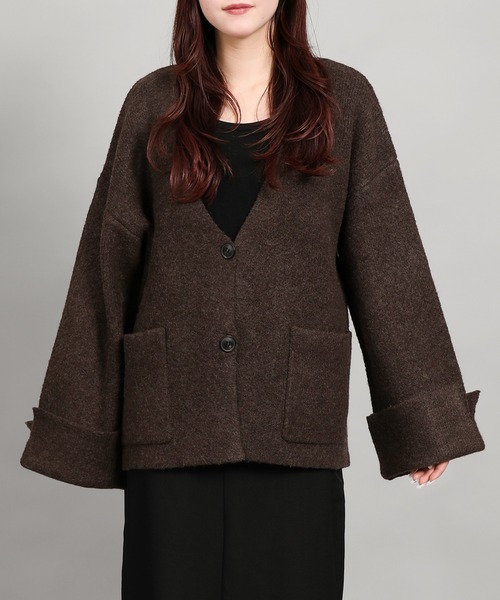 セール】ローゲージヤクタッチワイドスリーブニットジャケット (AW