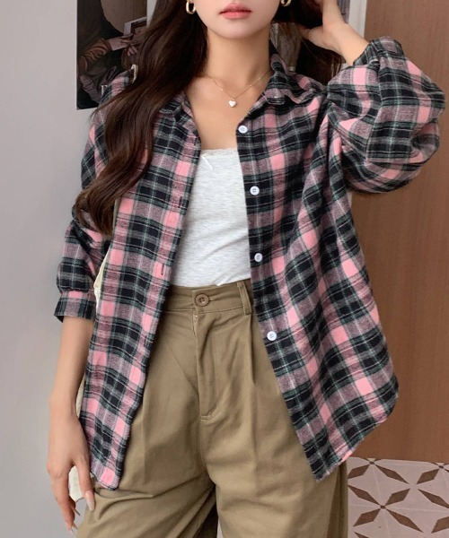 ONEP STAR(ワンピスター)の「ベーシック×チェック柄シャツ(シャツ/ブラウス・レディース・グリーン/ピンク/レッド/ネイビー/ベージュ/イエロー/オフホワイト/ライトブルー/イエロー系その他/グリーン×ピンク/ワインレッド・FREE)」の17枚目の写真