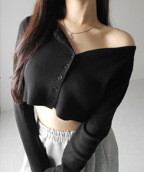 me+em select(ミームセレクト)の「【 3color 】ミニボタンショートリブニットカーディガン / mini button short rib knit cardigan ※※(カーディガン/ボレロ・レディース・グレー/アイボリー/ブラック・FREE)」の3枚目の写真