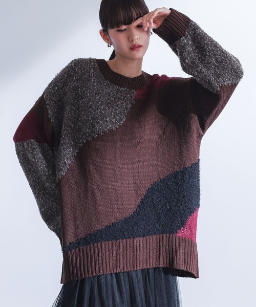 kOhAKU（コハク）の「『異素材配色切替ニット』（ニット/セーター・レディース・ブラウン/ブラック・FREE）」の2枚目の写真